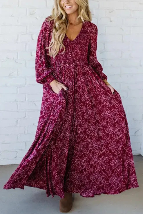 Floral Smocked Waist Boho Maxi Dress in Berry Red