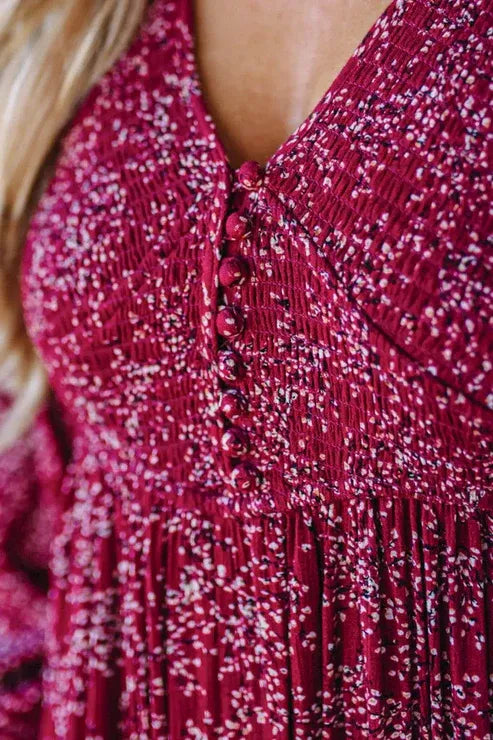 Floral Smocked Waist Boho Maxi Dress in Berry Red