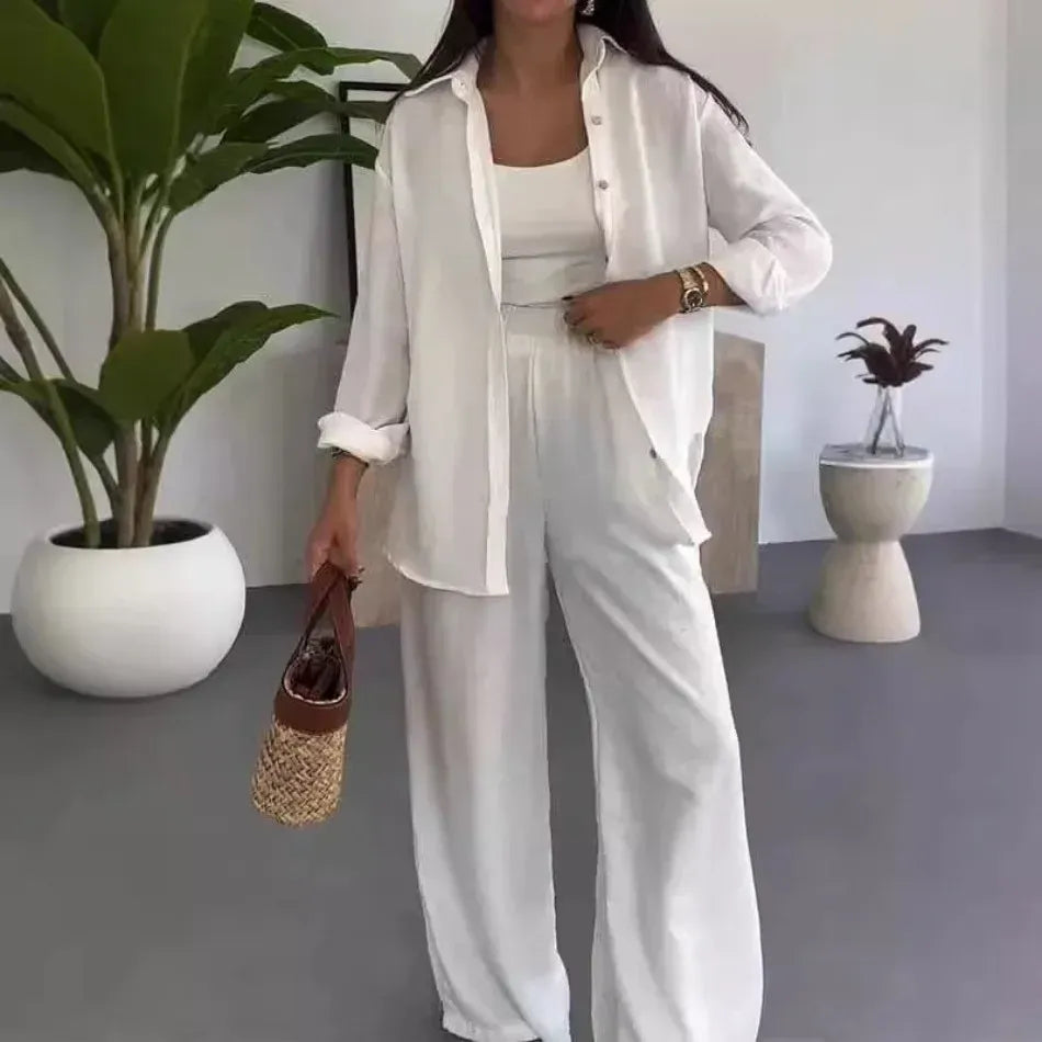 Women’s Relaxed Fit Shirt and Wide-Leg Trousers Two-Piece Set