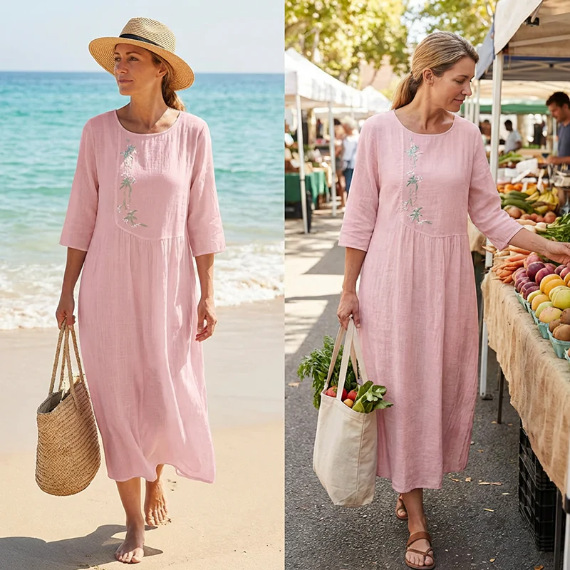 Women’s Casual Loose Embroidered Midi Dress
