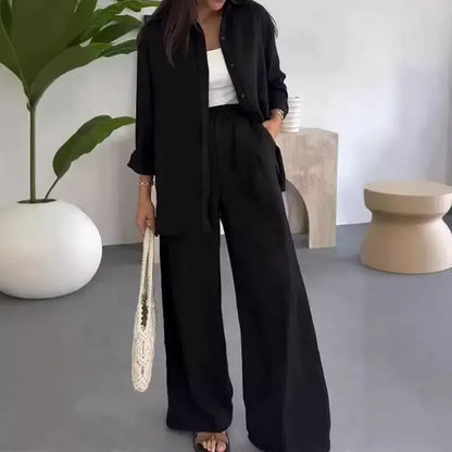 Women’s Relaxed Fit Shirt and Wide-Leg Trousers Two-Piece Set
