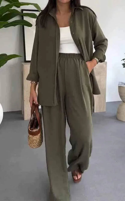 Women’s Relaxed Fit Shirt and Wide-Leg Trousers Two-Piece Set