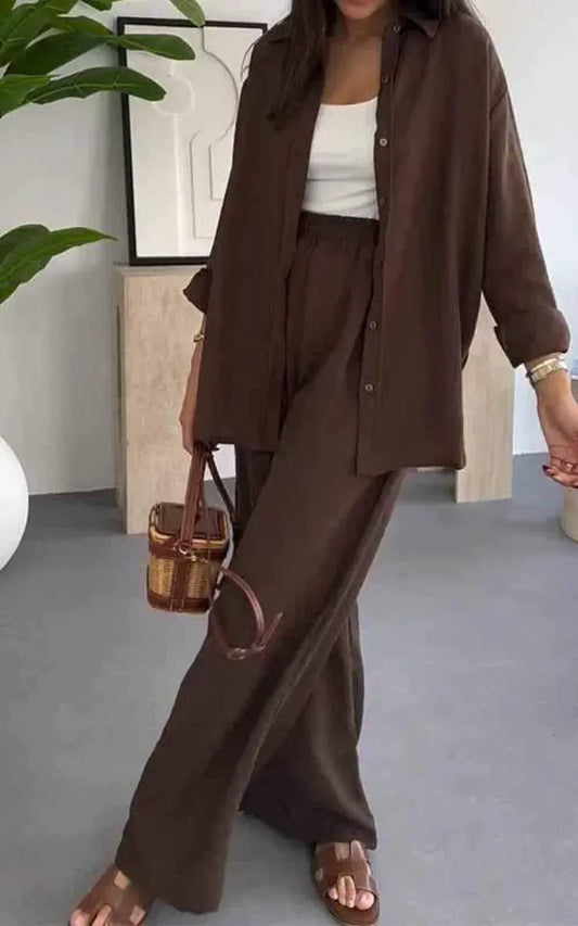 Women’s Relaxed Fit Shirt and Wide-Leg Trousers Two-Piece Set