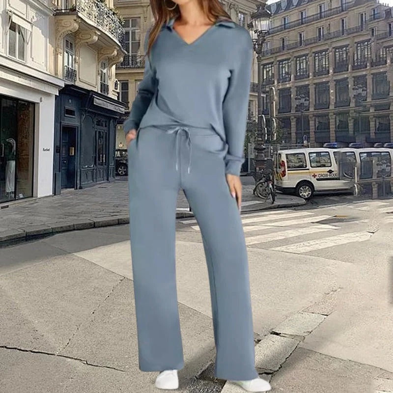 Women’s Casual Long Sleeve Top and Wide Leg Trousers Set