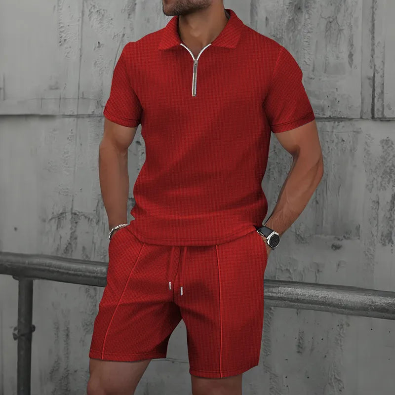 Men’s Textured Zip Polo Shirt and Shorts Set