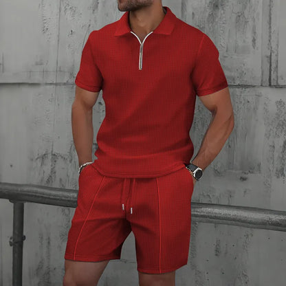 Men’s Textured Zip Polo Shirt and Shorts Set
