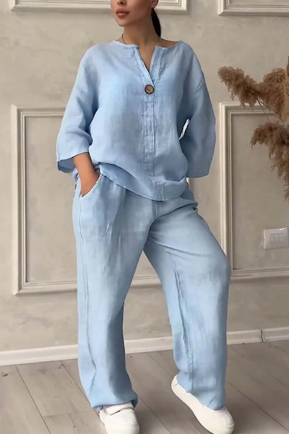 Women’s Cotton & Linen Two-Piece Set with Button Detail