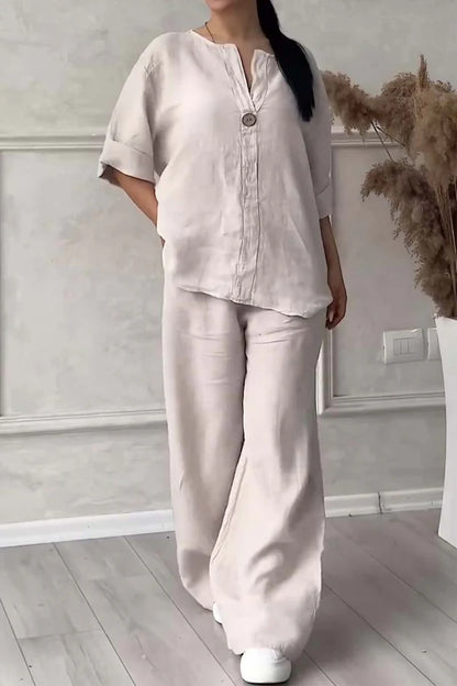 Women’s Cotton & Linen Two-Piece Set with Button Detail