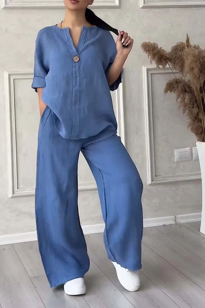 Women’s Cotton & Linen Two-Piece Set with Button Detail