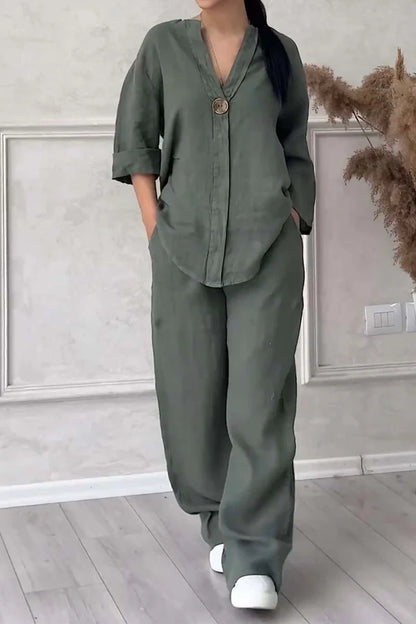 Women’s Cotton & Linen Two-Piece Set with Button Detail