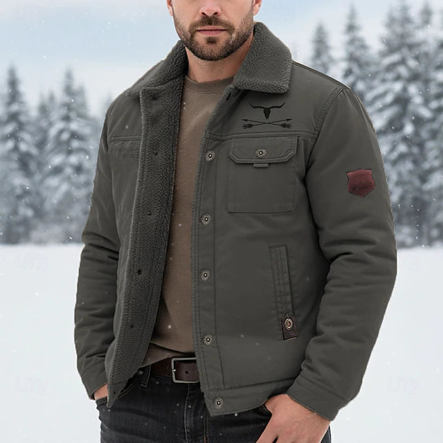 Men’s Cow-Print Sherpa Fleece Cargo Winter Jacket