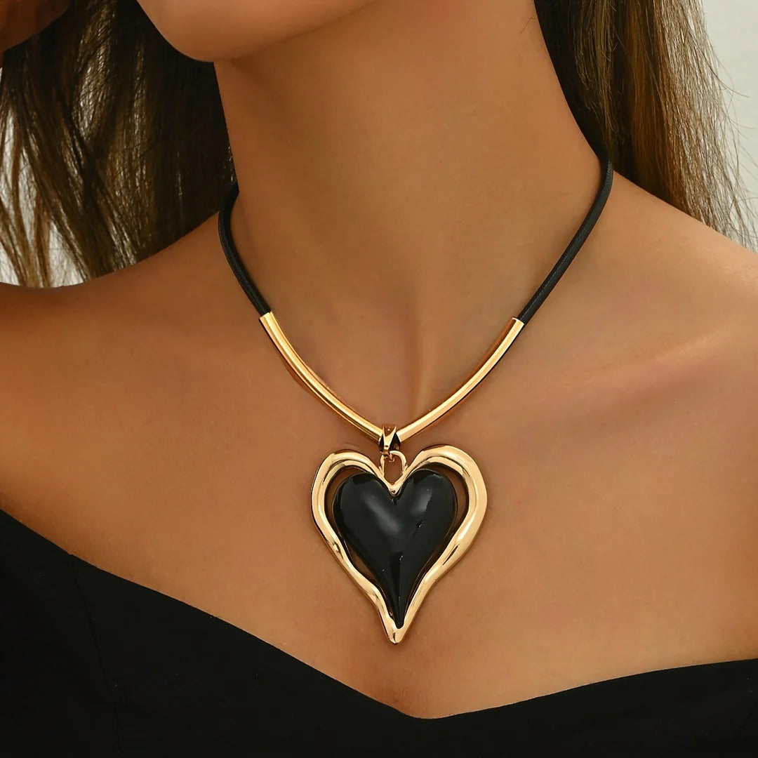 Women’s Oversized Enamel Heart Pendant Cord Necklace