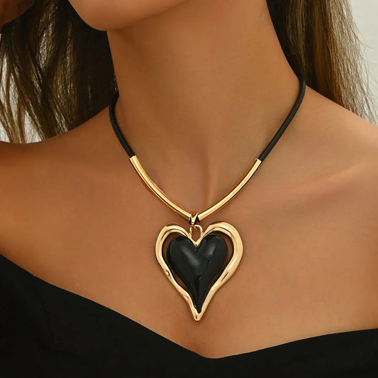 Women’s Oversized Enamel Heart Pendant Cord Necklace
