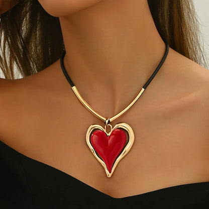Women’s Oversized Enamel Heart Pendant Cord Necklace