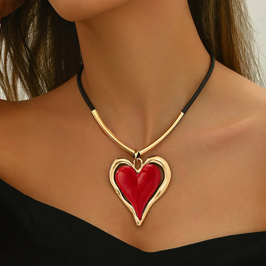 Women’s Oversized Enamel Heart Pendant Cord Necklace