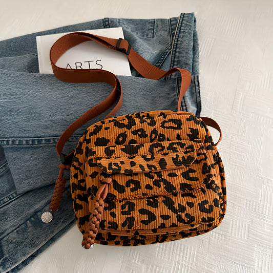 Women’s Pleated Corduroy Cheetah-Print Crossbody Bag