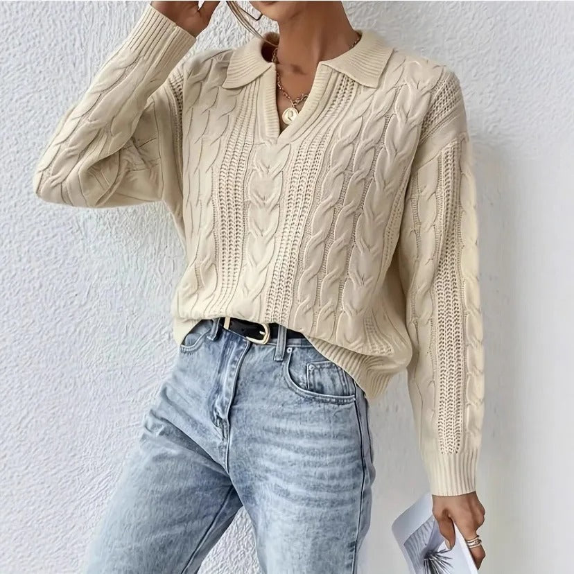 Women’s Cable-Knit Polo Collar Long Sleeve Pullover Jumper