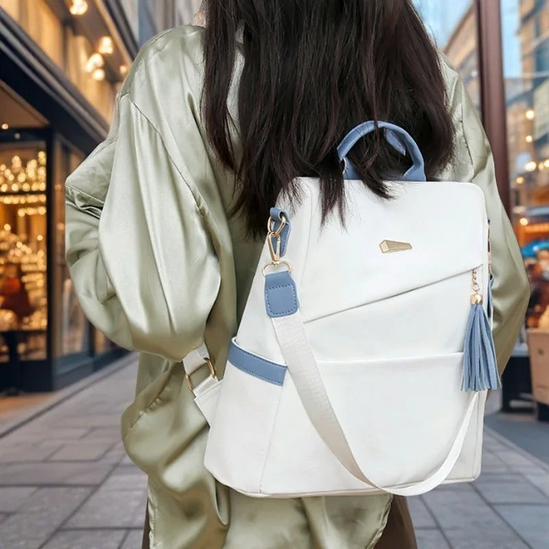Colour-Contrast Soft Leather Anti-Theft Travel Backpack