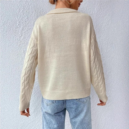 Women’s Cable-Knit Polo Collar Long Sleeve Pullover Jumper