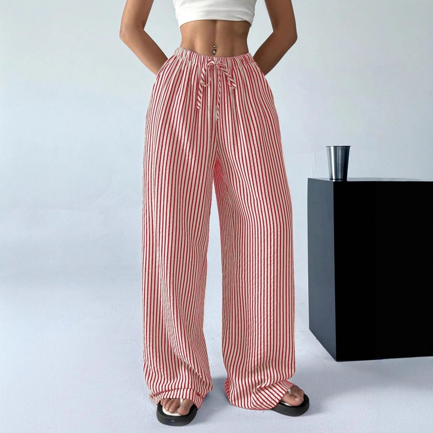 Women’s Striped Wide-Leg Drawstring Trousers
