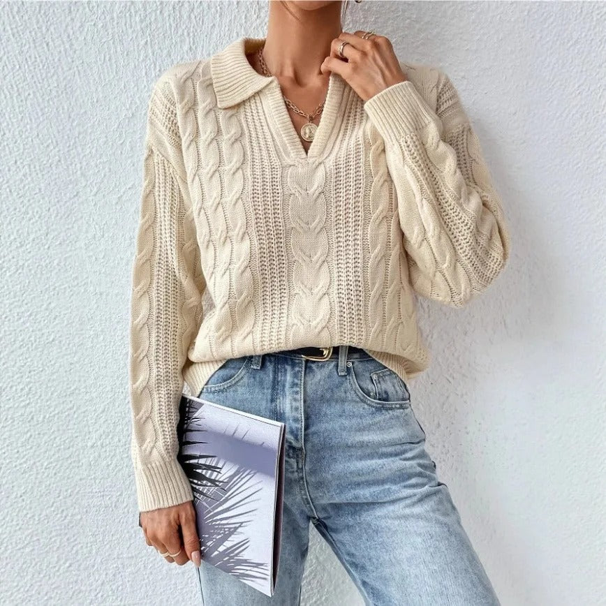 Women’s Cable-Knit Polo Collar Long Sleeve Pullover Jumper
