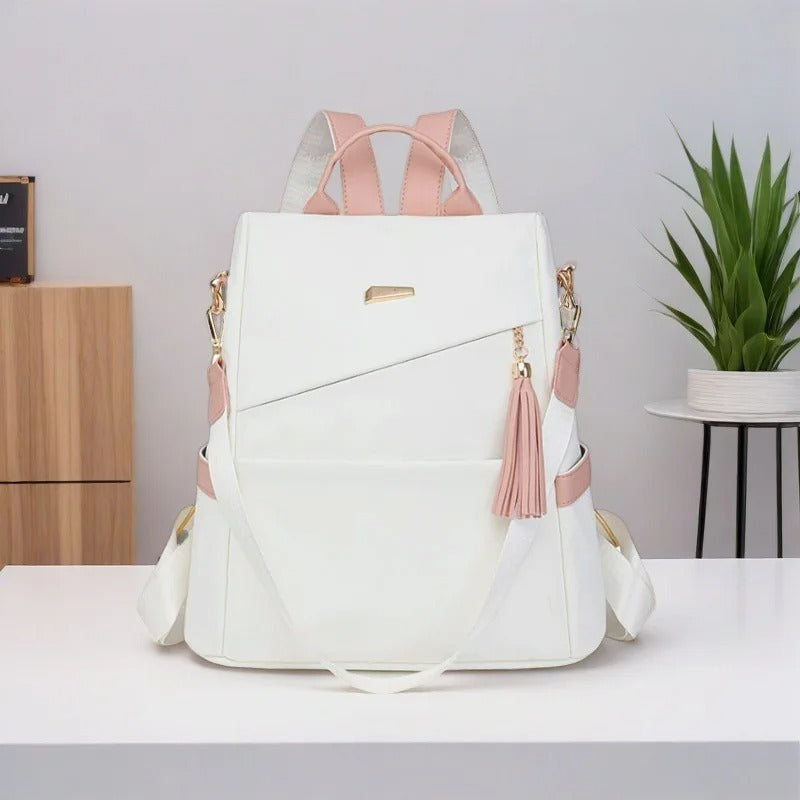 Colour-Contrast Soft Leather Anti-Theft Travel Backpack