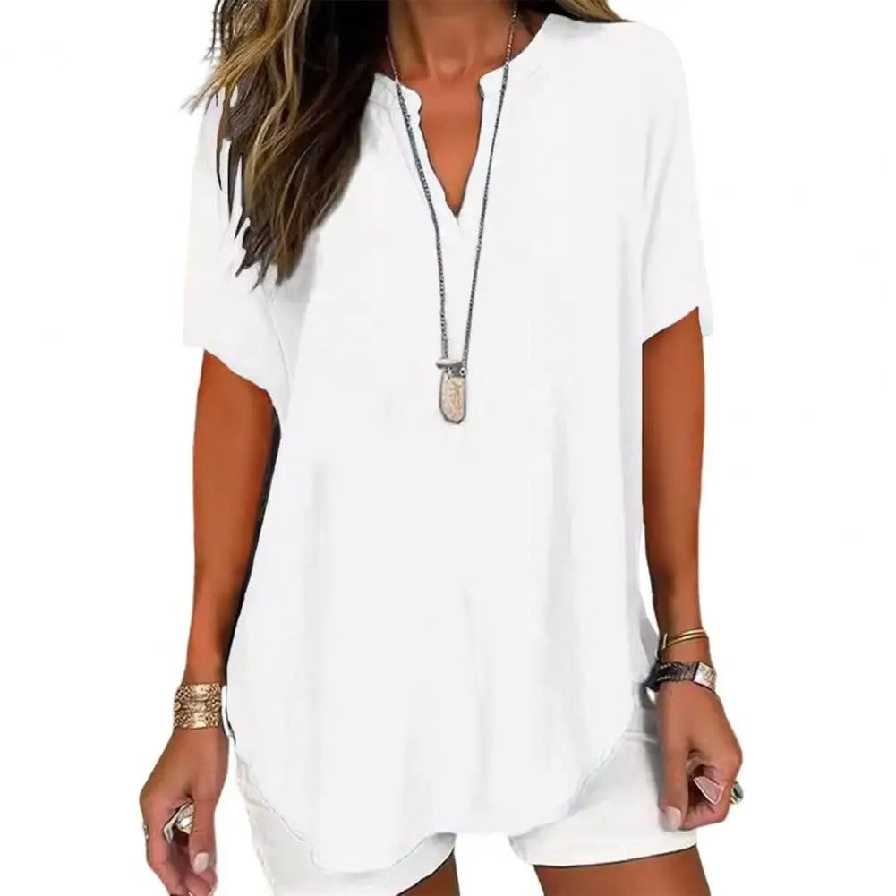 Women’s Relaxed V-Neck Short Sleeve Longline Top