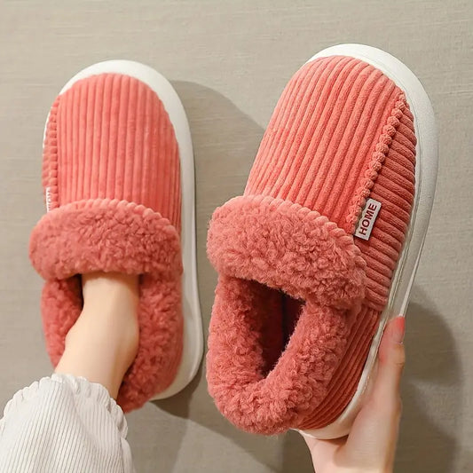 Unisex Plush Winter Slippers – Striped Slip-On House Shoes with PVC Sole