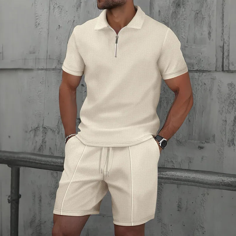 Men’s Textured Zip Polo Shirt and Shorts Set
