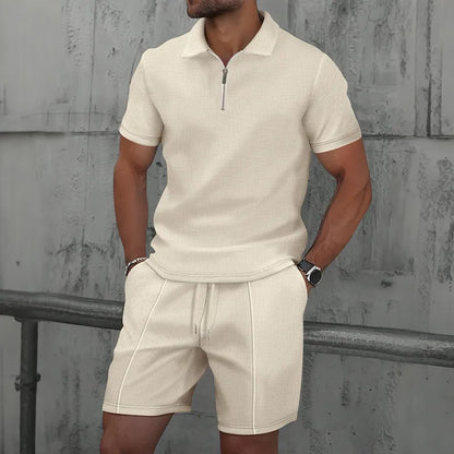 Men’s Textured Zip Polo Shirt and Shorts Set