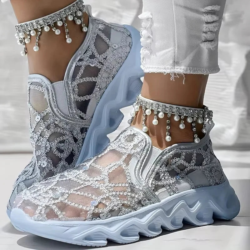 Women’s Crystal Mesh Lace Slip-On Trainers