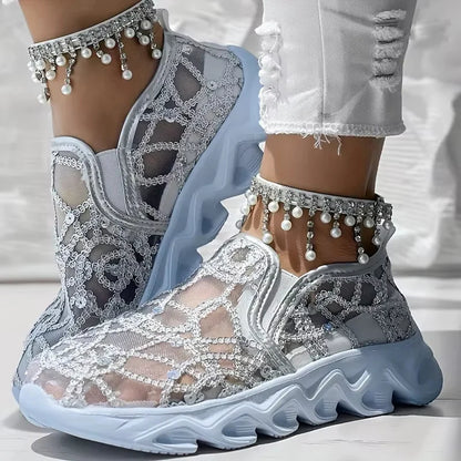 Women’s Crystal Mesh Lace Slip-On Trainers