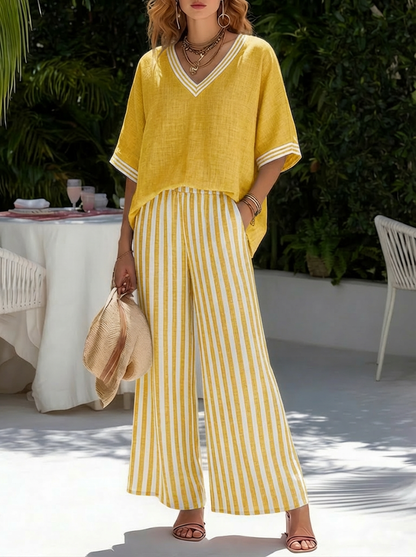 Women’s Striped Linen Cotton Two-Piece Top and Trousers Set