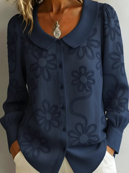 Women’s Floral Embroidered Peter Pan Collar Button Blouse