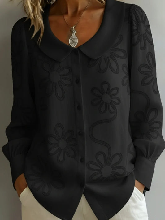 Women’s Floral Embroidered Peter Pan Collar Button Blouse