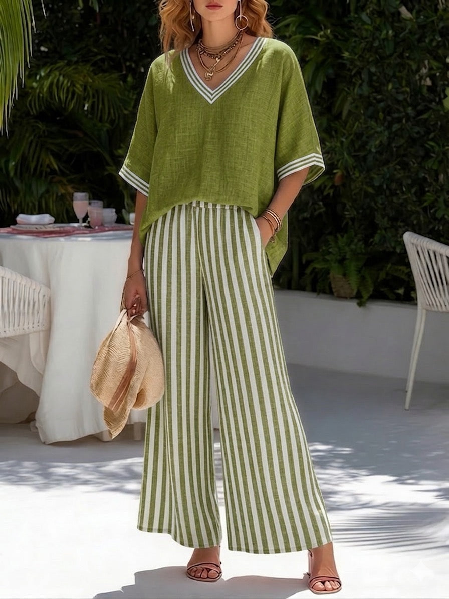 Women’s Striped Linen Cotton Two-Piece Top and Trousers Set