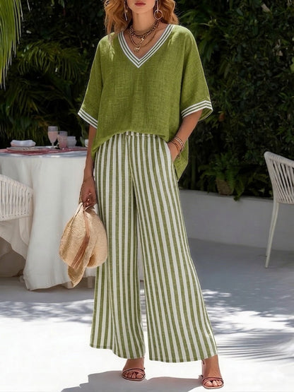 Women’s Striped Linen Cotton Two-Piece Top and Trousers Set