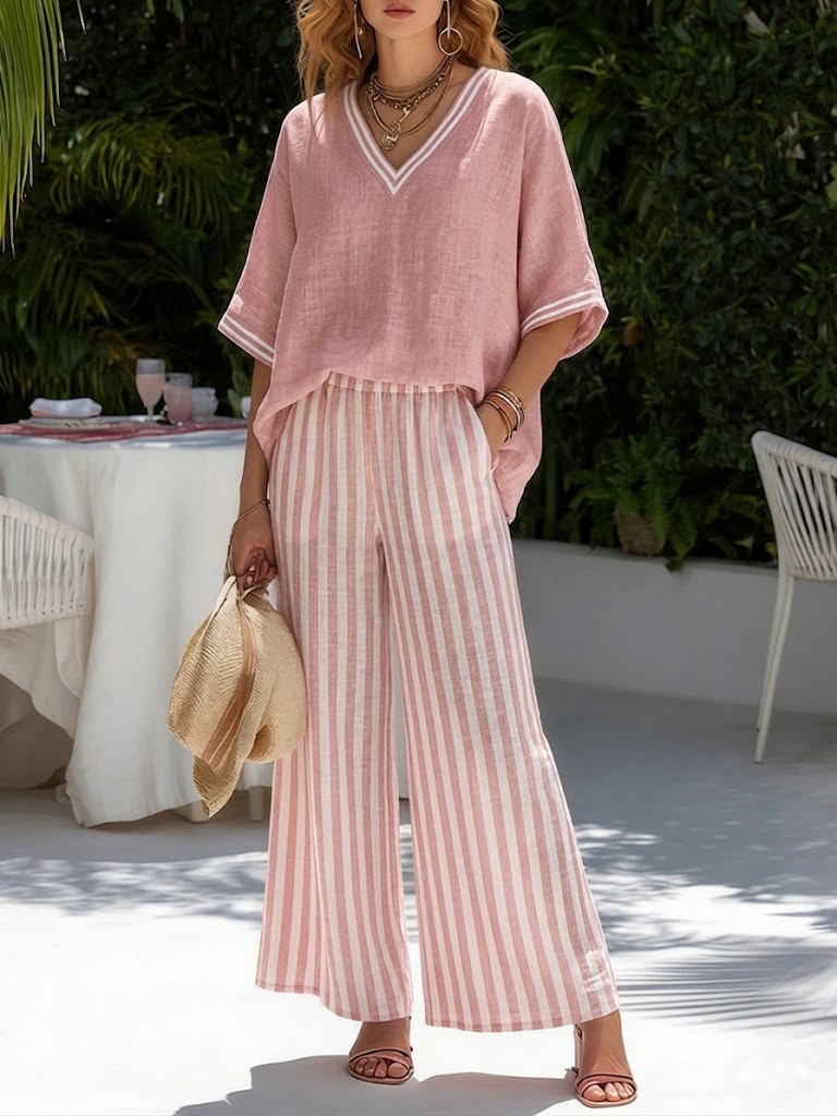 Women’s Striped Linen Cotton Two-Piece Top and Trousers Set