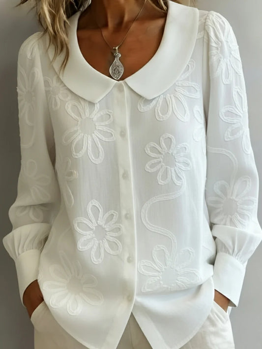 Women’s Floral Embroidered Peter Pan Collar Button Blouse