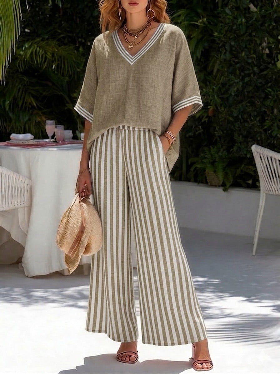 Women’s Striped Linen Cotton Two-Piece Top and Trousers Set