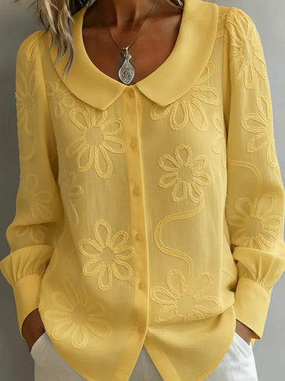 Women’s Floral Embroidered Peter Pan Collar Button Blouse