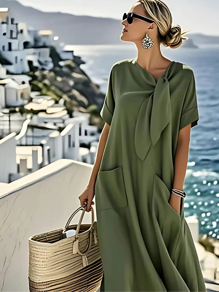 Elegant Tie-Neck Pocket Dress
