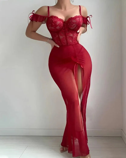 Women’s Sheer Lace Off-Shoulder Long Nightgown