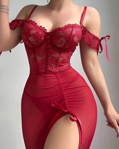 Women’s Sheer Lace Off-Shoulder Long Nightgown