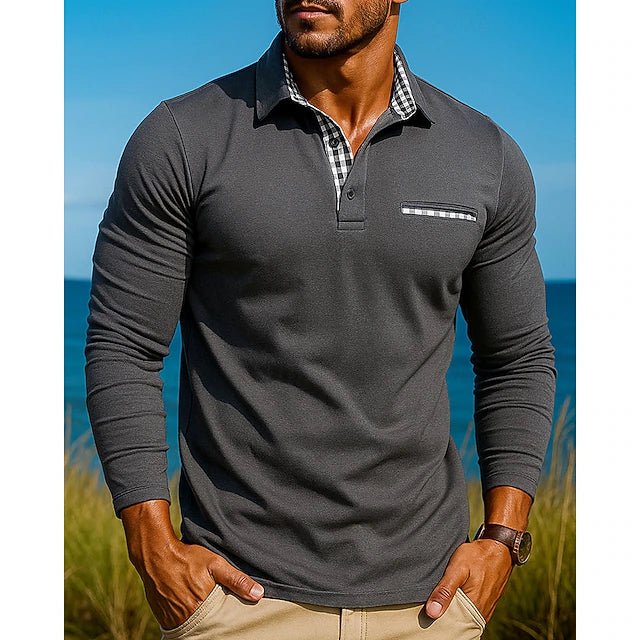Men’s Contrast-Detail Slim Fit Long Sleeve Polo Shirt