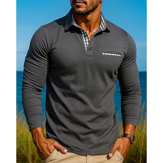 Men’s Contrast-Detail Slim Fit Long Sleeve Polo Shirt
