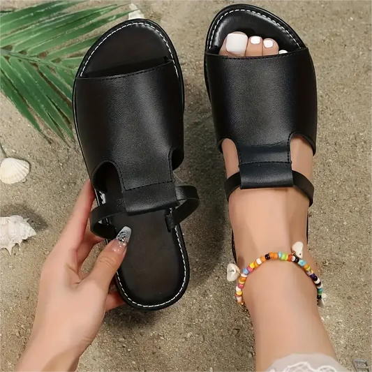 Women's Cut Out Slide Sandals, Trendy Flat Faux Leather Slides, Lightweight Slip-ons