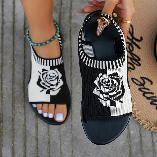 Women's Rose Pattern Flat Sandals, Casual Open Toe Summer Slips