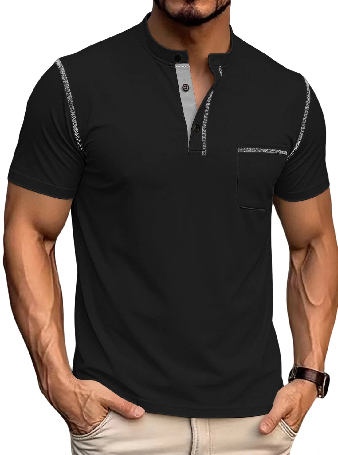 Men's Contrast Stitch Stand Collar Polo Shirt