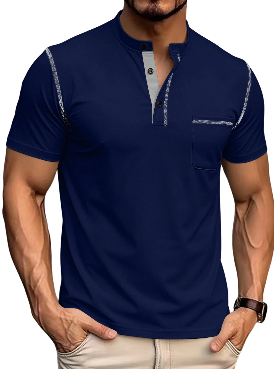 Men's Contrast Stitch Stand Collar Polo Shirt